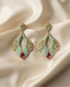 Nana Earrings - mint green hand-beaded chandelier earrings with gold embroidery and magenta teardrop crystal
