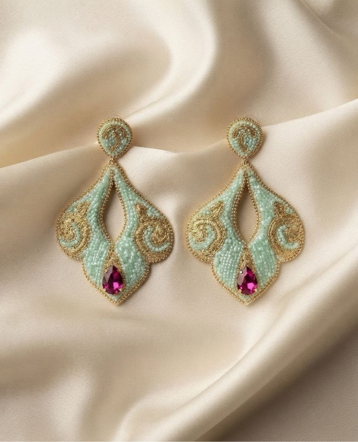 Nana Earrings - mint green hand-beaded chandelier earrings with gold embroidery and magenta teardrop crystal